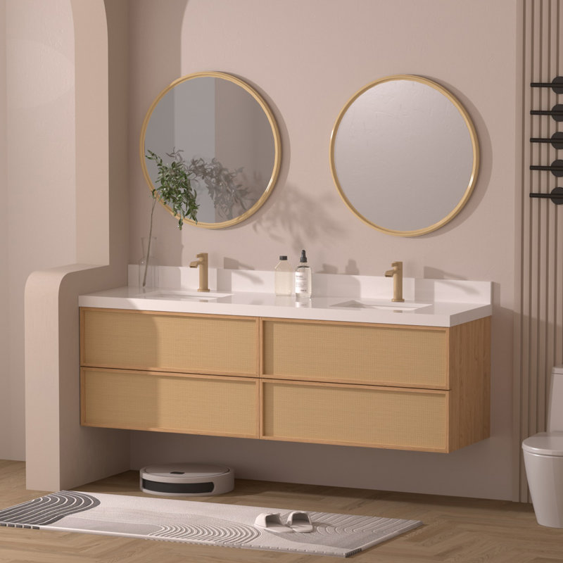 Meuble-lavabo double suspendu de 72 pouces avec comptoir en quartz blanc et deux lavabos encastrés en céramique, 72" W