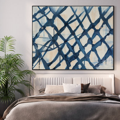 Extra Large Wall Art Fabric Print - Bold Navy Grid Abstract on Neutral Ground Artwork Decor for Living Room or Bedroom - "Frame Assembly Required (Unfinished Frame)"