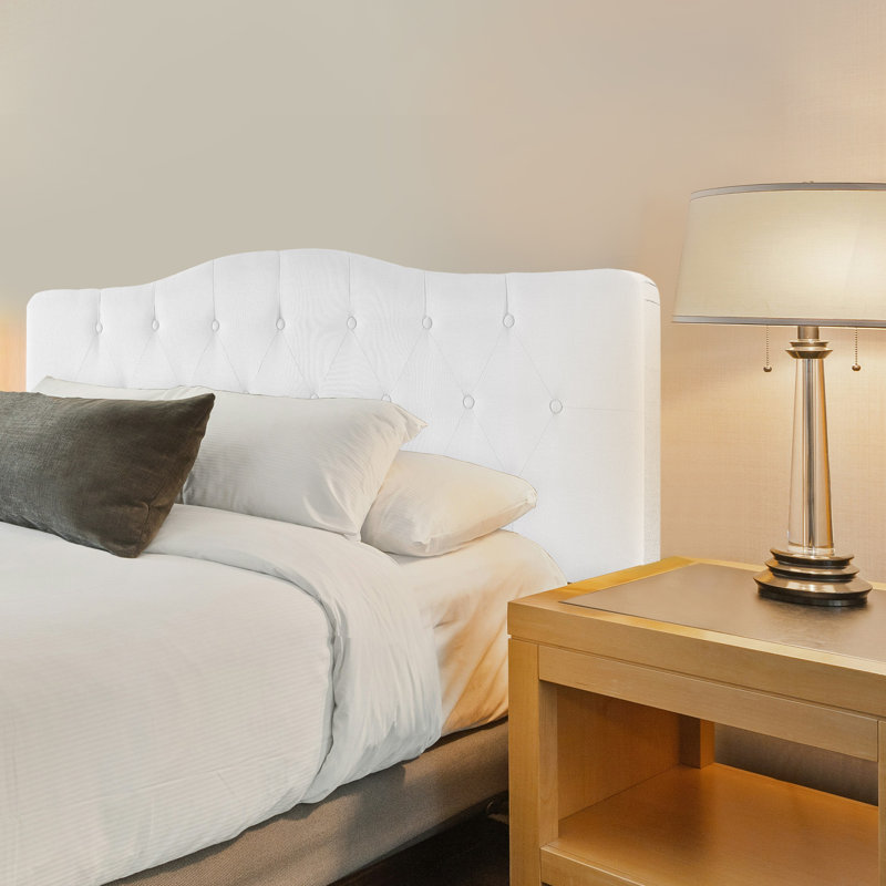 Button Tufted Upholstered Adjustable Full Size Headboard in Linen Fabric, Metal Legs, White