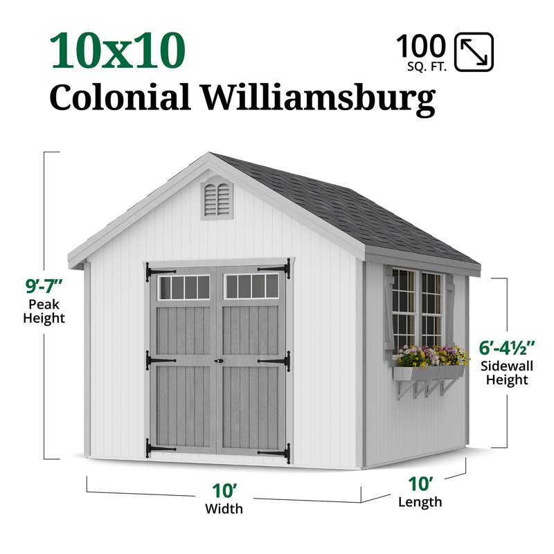 Colonial Williamsburg Outdoor Wood Storage Shed, 10' W x 10' D, Yes