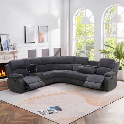 Ensembles de meubles de salon, ensemble de canapé modulaire inclinable en velours côtelé avec 2 fauteuils inclinables manuels, canapé d'angle en forme de L à 6 places avec table cachée / console de rangement / porte-gobelets, parfait pour le salon / cinéma maison