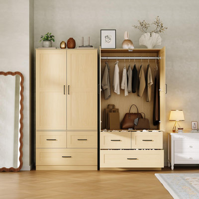 70" Tall Natural Wood Freestanding Wardrobe Closet with Hanging Rod and 3 Drawers, Bedroom Clothing Armoire Organizer
