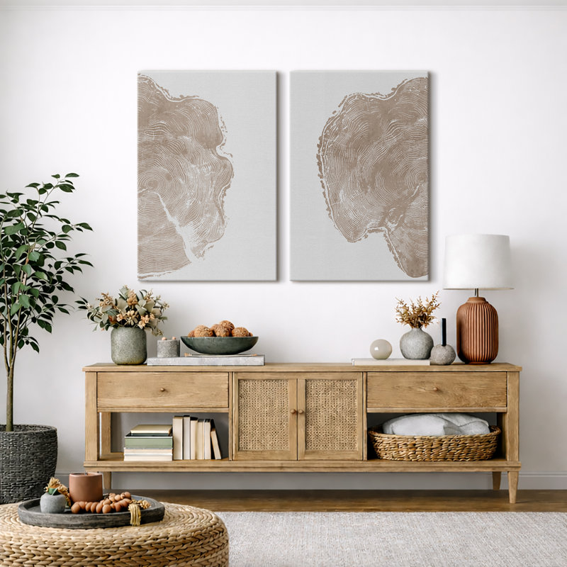 Pastel Tan Unique Wood Tree Ring Neutral Modern Organic Framed Canvas 2 Pieces Print Wall Art Decor, 36" H x 48" W