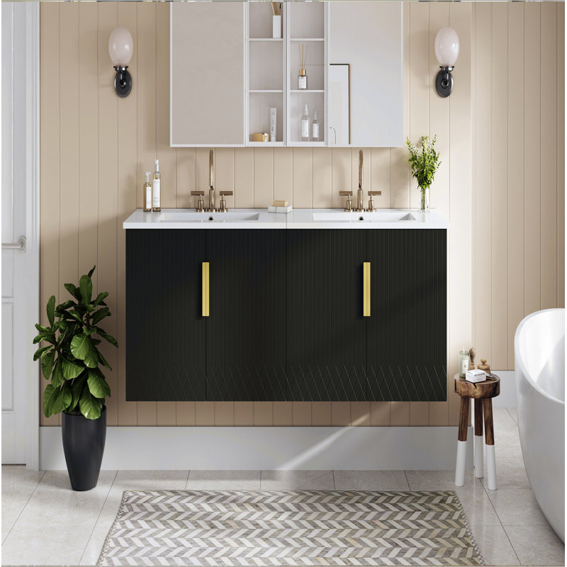 Ensemble de meuble-lavabo vintage 60 "avec lavabo en céramique (séparé), avec lavabo simple en céramique à 3 trous, meuble-lavabo de salle de bain avec portes à fermeture douce