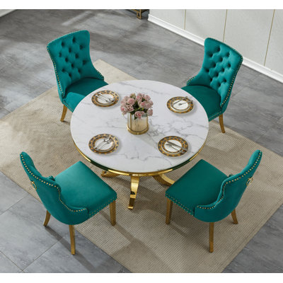44.88" Round Dining Table Set for , Kitchen Table with Faux Marble Top, Dining Room Table & Velvet Chairs with Stainless Steel Pedestal, Piece Dining Table Set