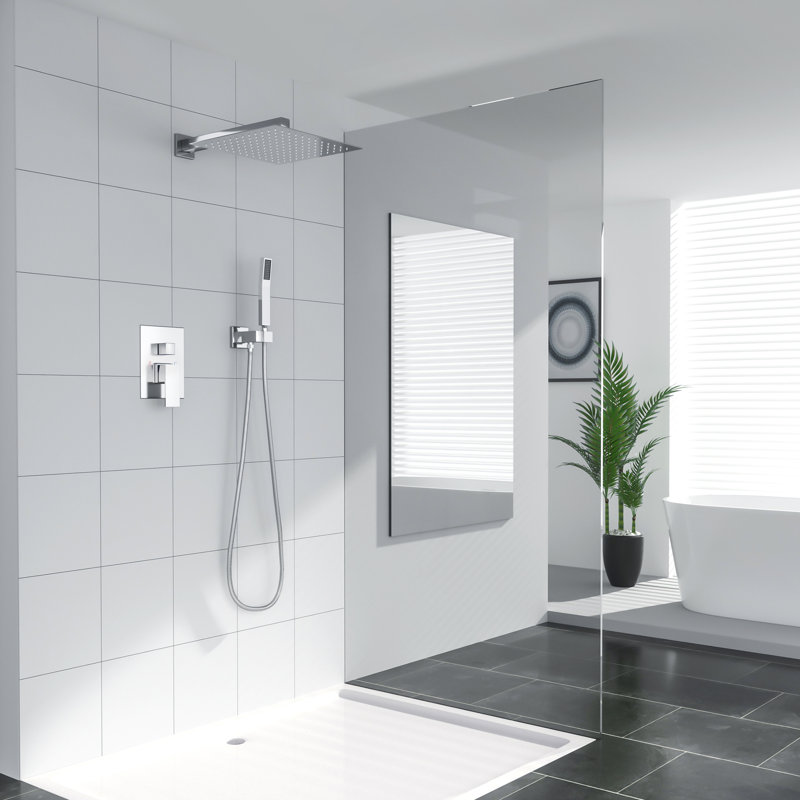 Système de douche à pluie 12 "avec douchette à jet, fixation murale, double fonction, chrome poli, Chrome poli
