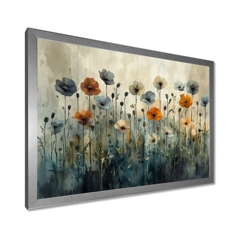 Hiver, minimalisme, coquelicots, champ III - coquelicots, art mural, H 34 po x l 44 po, Cadre simple argenté