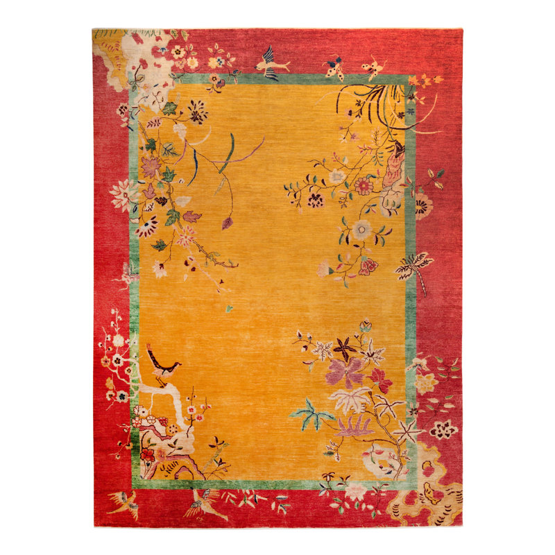 Yellow Traditional Chinese Art Deco Wool Rug - 10' x 13'7"