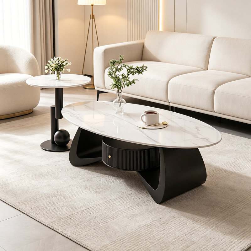 Table basse Italian Minimalist Premium, H 17,71 po x L 39,37 po x l 21,65 po, Plateau blanc / base noire