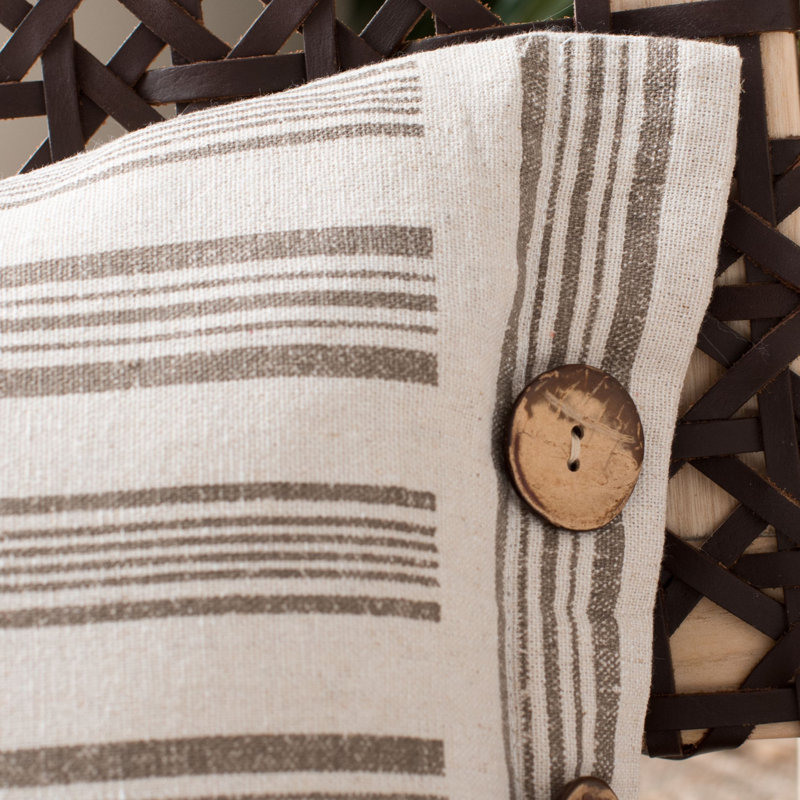 Beige and White Striped Button Accent Rectangular Pillow