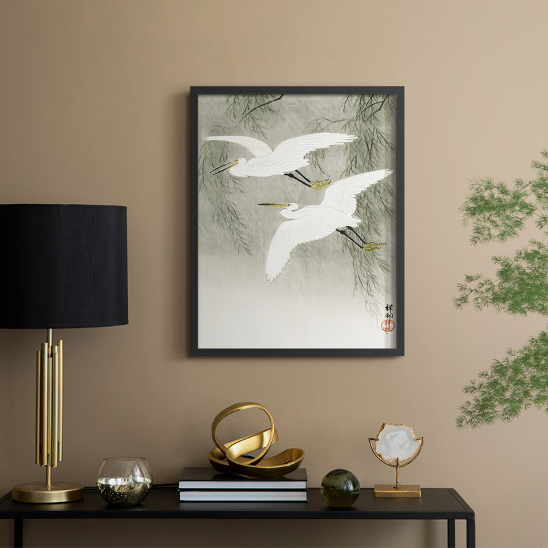 «Koson's Flying Herons I», reproduction encadrée - bois massif, Noir, noir, noir, noir, H 15 po x l 12 po