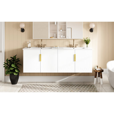 Meuble-lavabo de salle de bain rétro 30 po, lavabo séparé en céramique, tablette réglable, portes à fermeture douce, quincaillerie de 60 po fixée au mur avec 3 trous brillants, esthétique moderne, fabrication