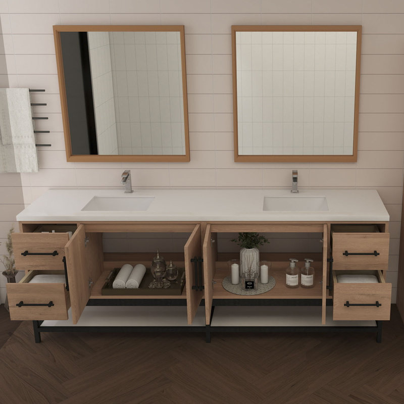Meuble-lavabo mural 84 po avec support double en acrylique renforcé Victoria, Chêne rouge