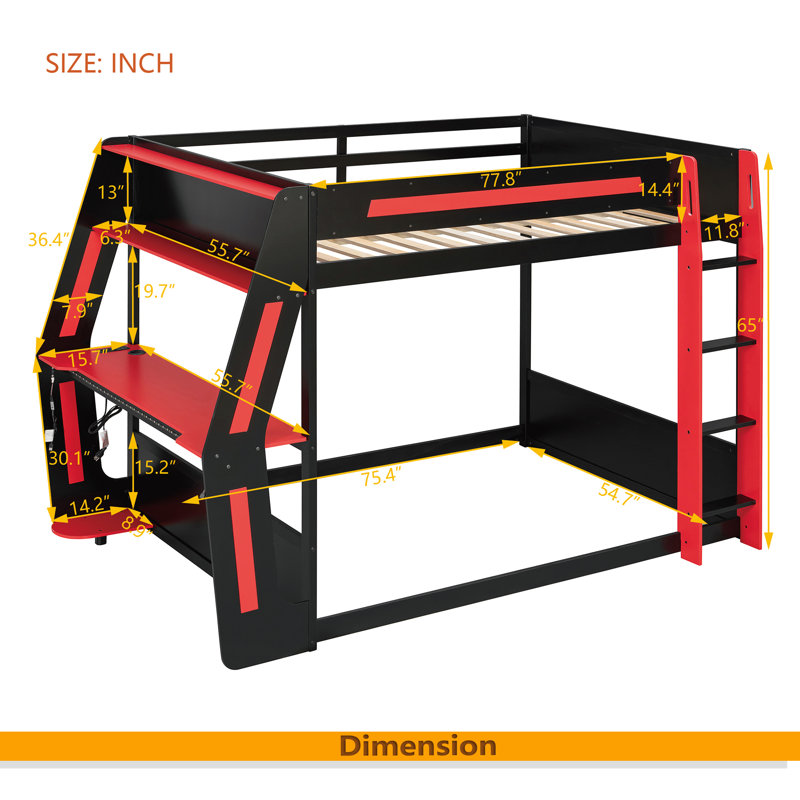 Full-Size Gaming Bunk Bed With Side-Mounted Oversized RGB Desk, USB Charging Ports & Cable Grommet, LED Light Strip, Heavy-Duty Esports Loft Frame – Cool Design