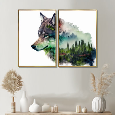 Double exposition d'un loup avec un paysage de forêt - grand loup, décoration murale 2 pièces