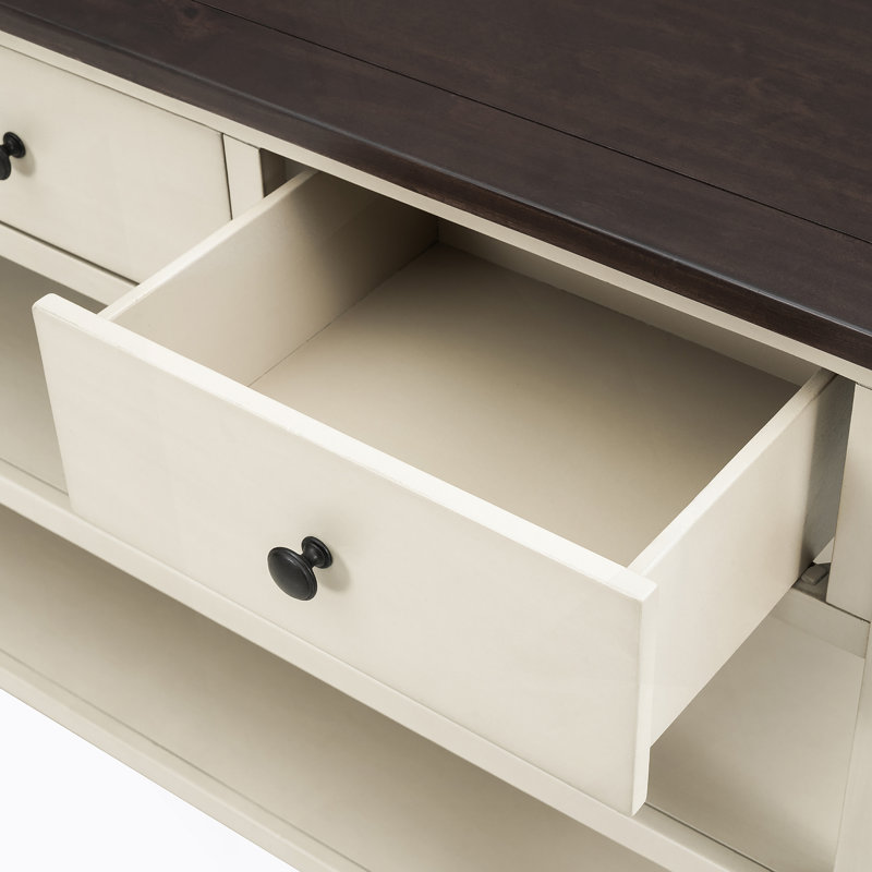 Console rétro avec deux tablettes ouvertes, structure en bois de pin massif et pieds pour le salon (espresso et beige), Beige