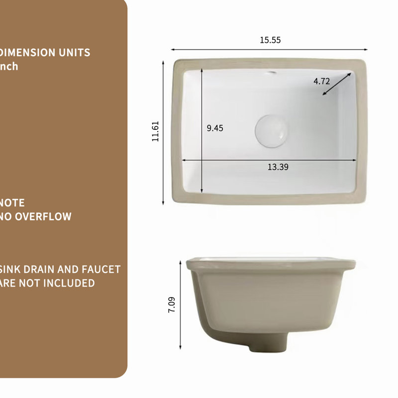 Undermount Bathroom Sink 16 Inch Rectangle, Low Absorption Ceramic, Temperature - , 15.54" Product Depth American Design Wash Basin, White Porcelain, 1.77" Drain Hole, Smooth Surface
