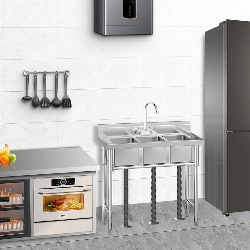 Utility Stainless Steel Sink, Commercial Kitchen Prep Sink Free Standing 3-Compartment Bowl for Restaurant Laundry Garage Bar Workshop 26 in x 57.1 in x 35.4 in