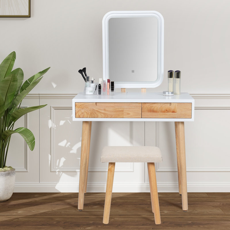 Avitaz Vanity Table Set with 3 Modes Adjustable Brightness Mirror and Cushioned Stool, Burlywood