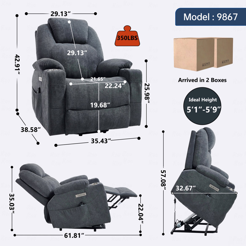 Polyester With Power Lift Function Recliner Chair, With Heavy-Duty Motion Mechanism With 8-Point Vibration With Massage Function And Lumbar With Heating Functioning, With USB Port And With Type-C Port Ports, Stainless Steel With Cup Holders