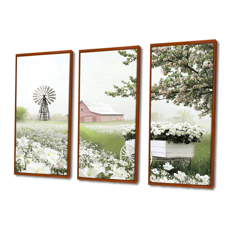 «Floral Farm Cart At The Barn II» - ensemble d'art mural grange, Toile avec cadre flottant brun, H 40 po x l 60 po x P 1 po