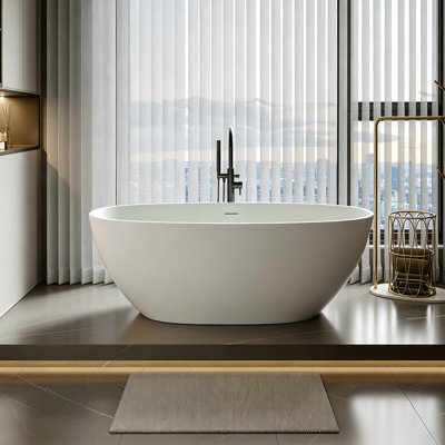 55 Inch Solid Surface Freestanding Soaking Bathtub, Durable Resin Stone Construction