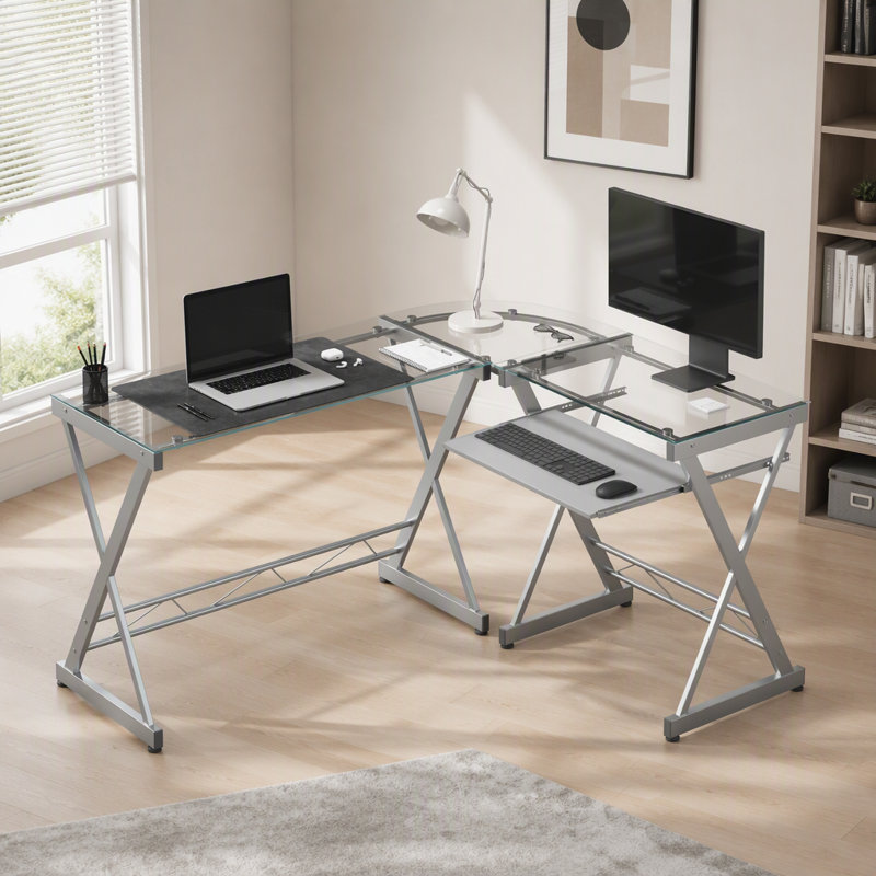 Bureau d'ordinateur en L en verre trempé avec panneau de clavier coulissant, transparent