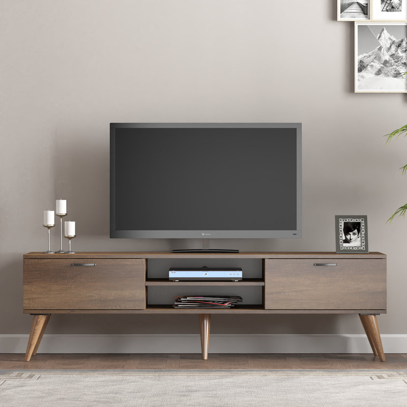 Meuble télé Juback de style Mid-Century moderne de 71 po pour téléviseur de 80 po ou moins, centre de divertissement avec gestion des câbles, finition en bois de noyer