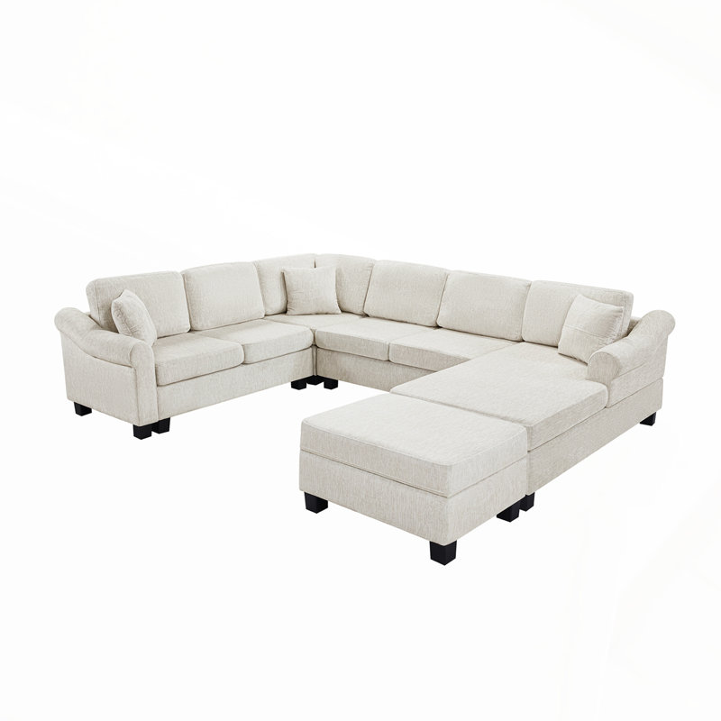 Canapé modulaire rembourré en U en chenille avec rangement et repose-pieds mobile, gris foncé, parfait pour les salons modernes