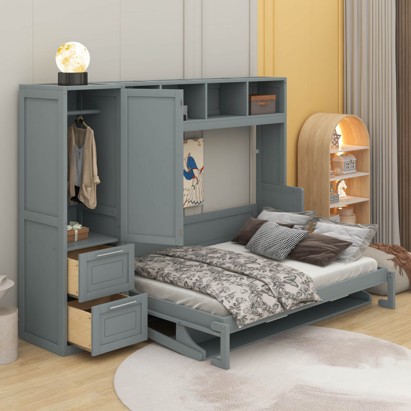 Murphy Bed With Closet And Drawers, Gray, Queen