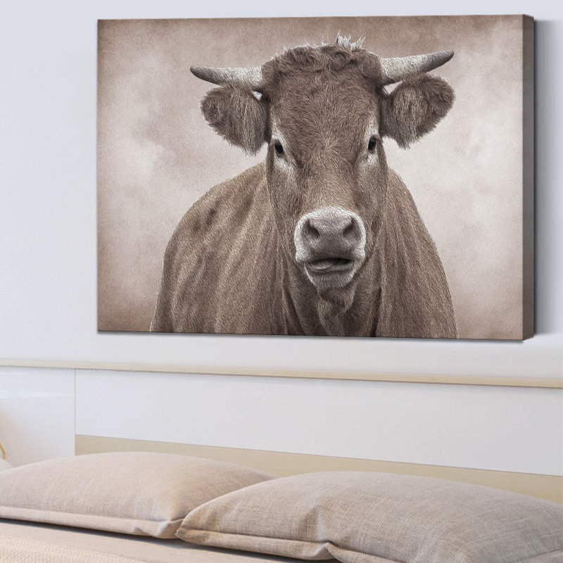 Cow " Cow Portrait On Graphite Background Animals Wilderness ", 24" H x 36" W x 1.5" D