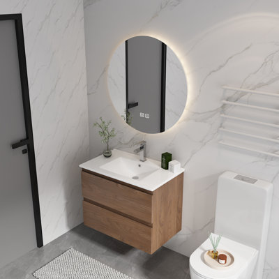 Meuble-lavabo de 24 po avec lavabo en céramique. 2 tiroirs à fermeture en douceur, rénovation. Style moderne, aspect armoire de contreplaqué. Matériau