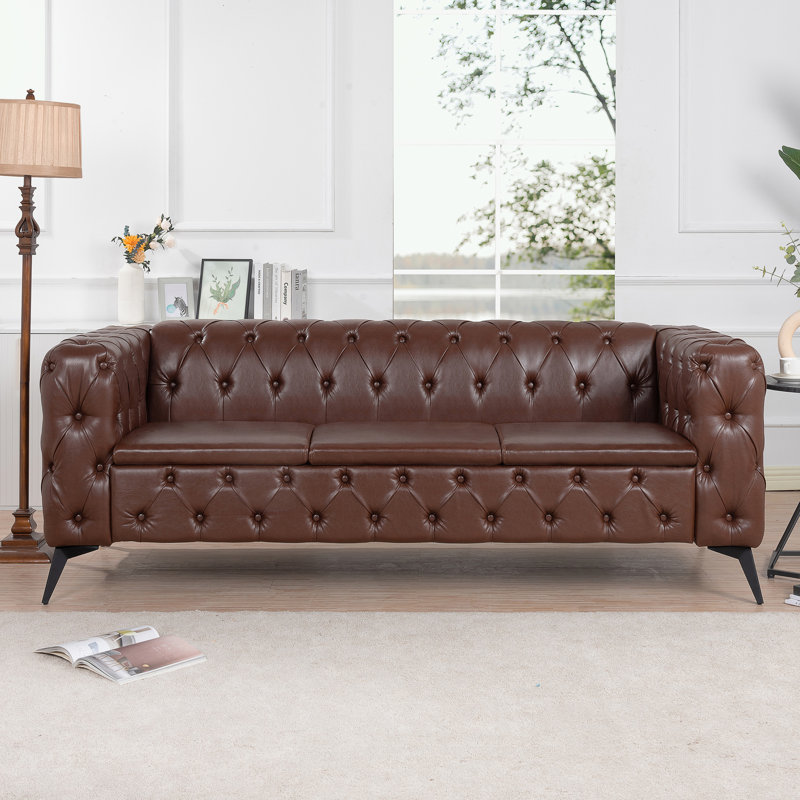 Natsue 84.06'' Faux Leather Sofa, Brown Faux Leather