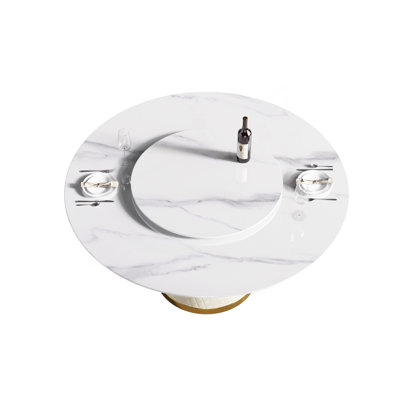 59.05"Modern Artificial Stone Round White Carbon Steel Base Dining Table-Can Accommodate 6 People-31.5"White Artificial Stone Turntable
