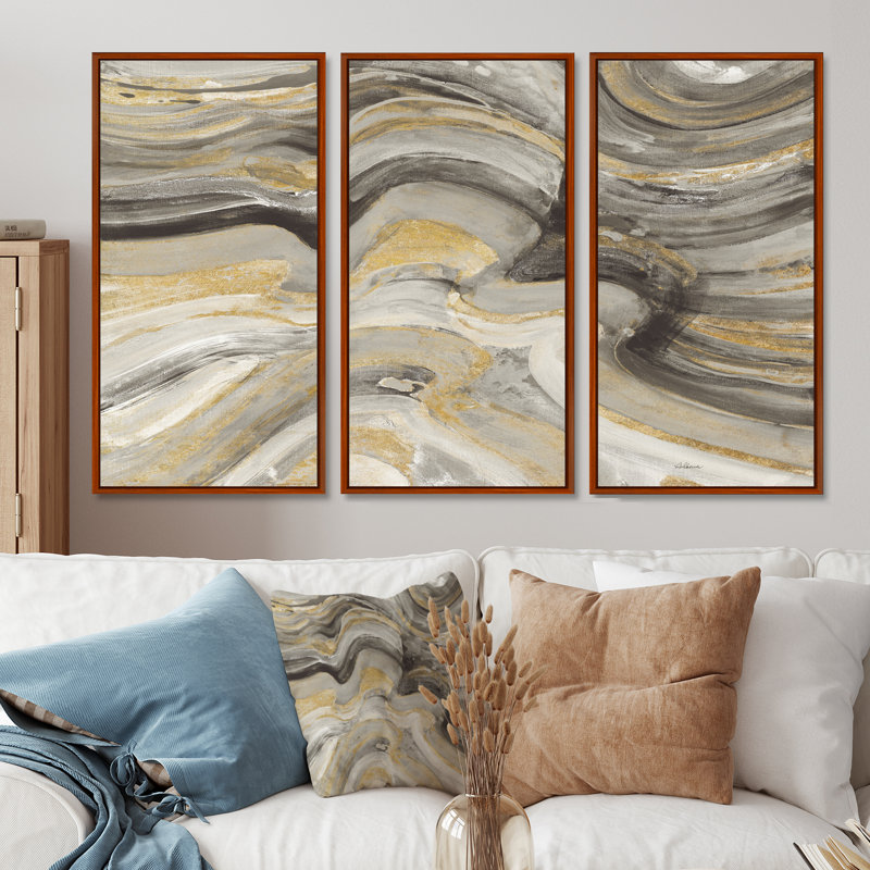 Glam Gold Canion - ensemble de 3 reproductions d'art moderne sur toile encadrées, H 28 po x l 36 po, Cadre flottant brun