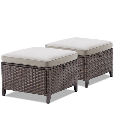 Premium Ottoman Pair Set, 2 Multi-Functional All-Weather Footrests With Removable Cushion, PE Wicker & Iron Frame For Patio, Poolside & Garden