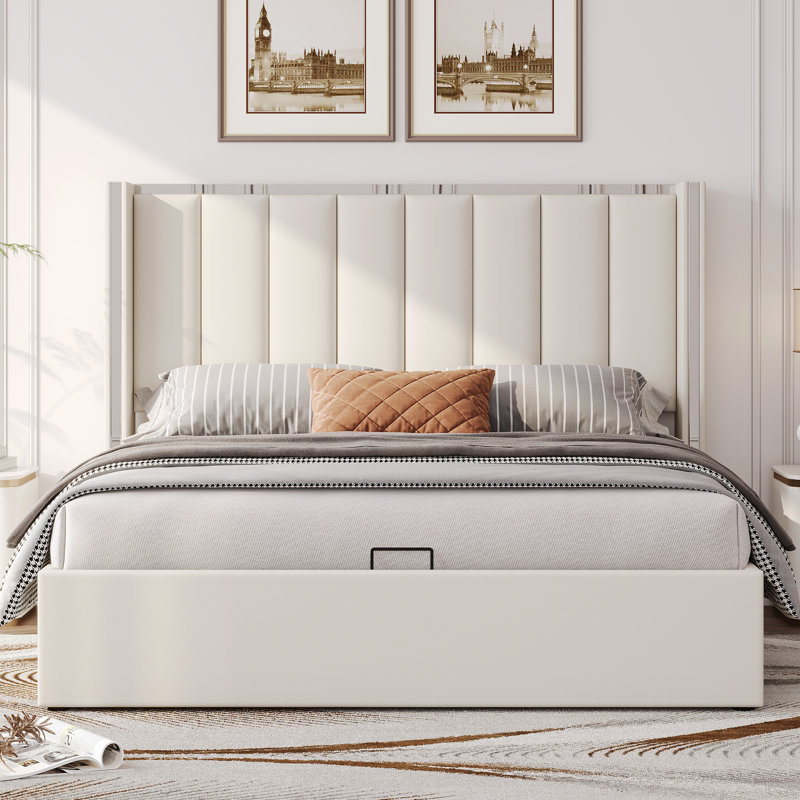 Upholstered Platform Bed with Hydraulic Lift-Up Storage and Channel-Tufted Headboard, White, Kingsize (5')