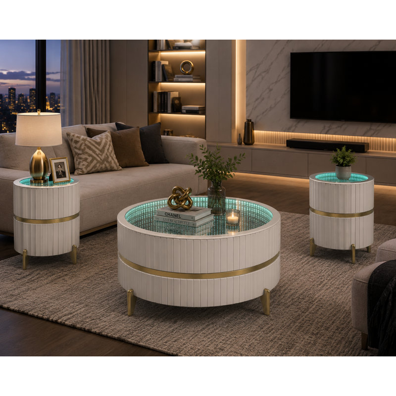 Ensemble de table basse et de table de bout 3 pièces Infinity Mirror, White