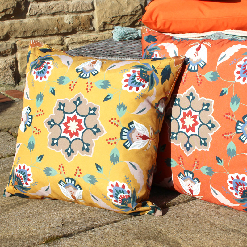Folk Flora Indoor / Outdoor Floral Square Throw Pillow Cover, Orange