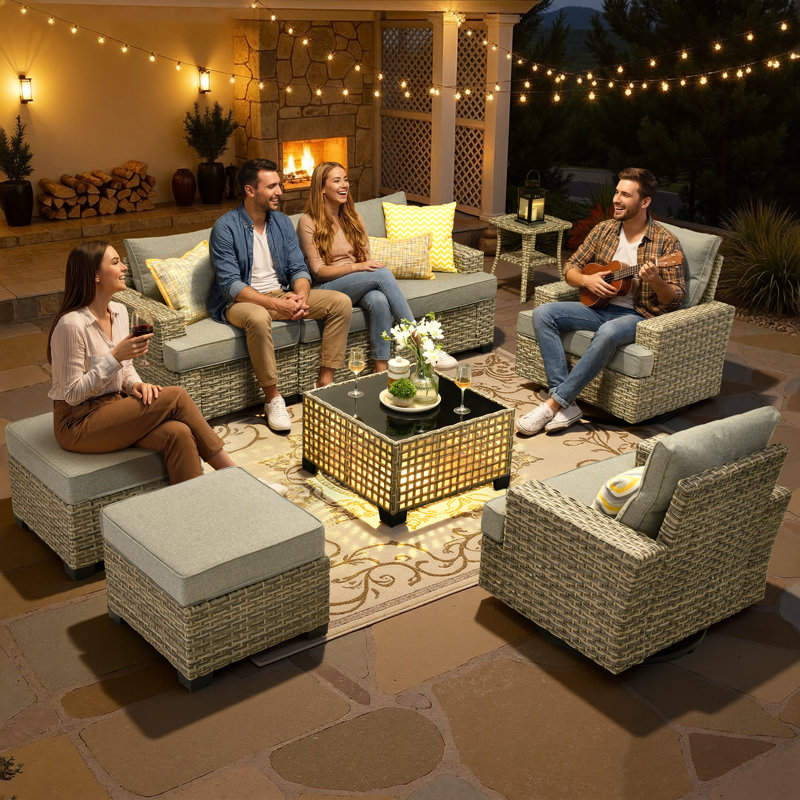 Outdoor Rattan Woven Sofa With Luminous End Table And Swivel Chair, Dark Gray