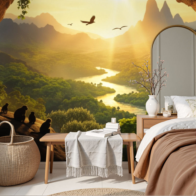 Papier peint adhésif autocollant Sunlit Jungle Valley River Monkeys Cave Ledge Birds Sky, papier peint amovible H 69 po x l 96 po, papier peint amovible en PVC pour chambre à coucher, bureau à domicile, bureau à domicile
