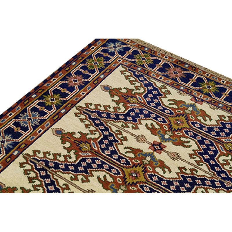 Tapis crème et bleu noué à la main de haute qualité