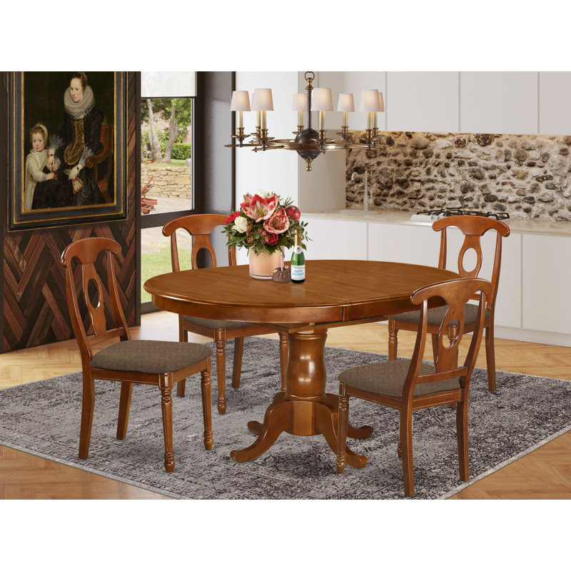 Ensemble de table de salle à manger 5 pièces moderne comprenant une table ovale en bois avec rallonge papillon et 4 chaises de salle à manger en lin, brun selle