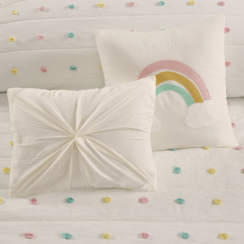 Callie Pom Pom Cotton Jacquard Full/Queen Quilt Set in Cream/Aqua/Teal