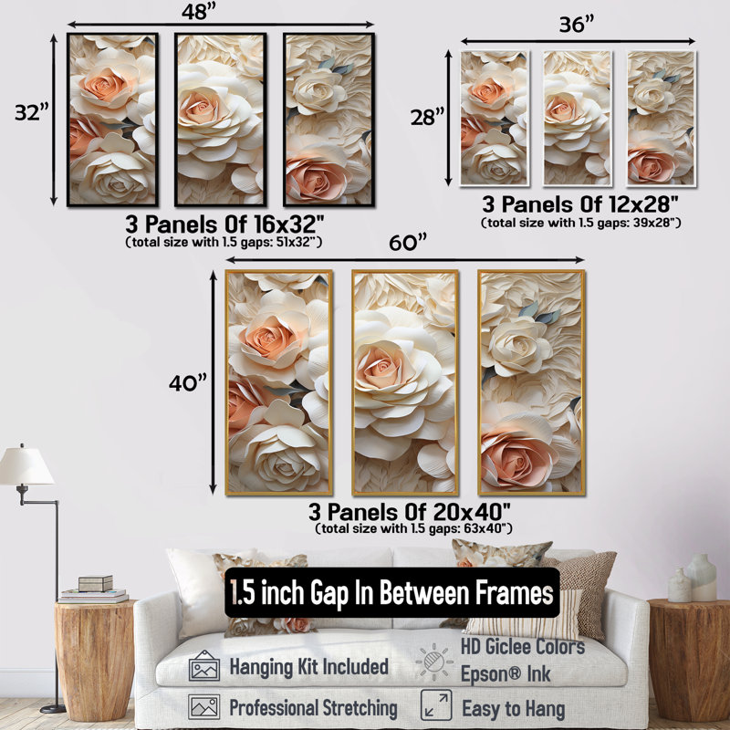 Ensemble de salon Minimalisme Beige Roses Passion - Roses, Cadre naturel flottant, H 28 po x l 36 po x P 1 po