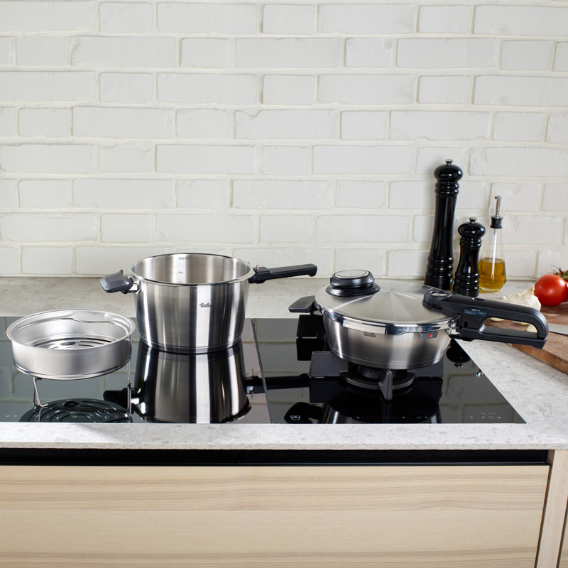 Fissler Vitavit Premium Pressure Cooker and Skillet 2 Piece Set, 6.3 Quart and 2.6 Quart with Steamer Insert and Tripod