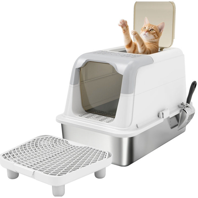 Bac à litière pour chat en acier inoxydable avec couvercle, pédale, sac désodorisant et pelle inclus, anti-rayures et facile à nettoyer.