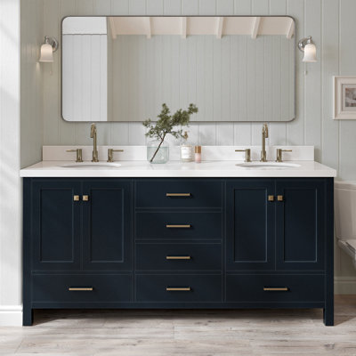 Meuble-lavabo double en bois massif 73 po avec plateau en quartz blanc pur Cambridge