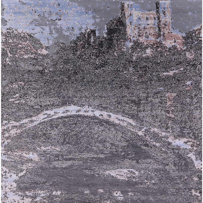 Tapis abstrait gris / bleu, Carré 8 pi
