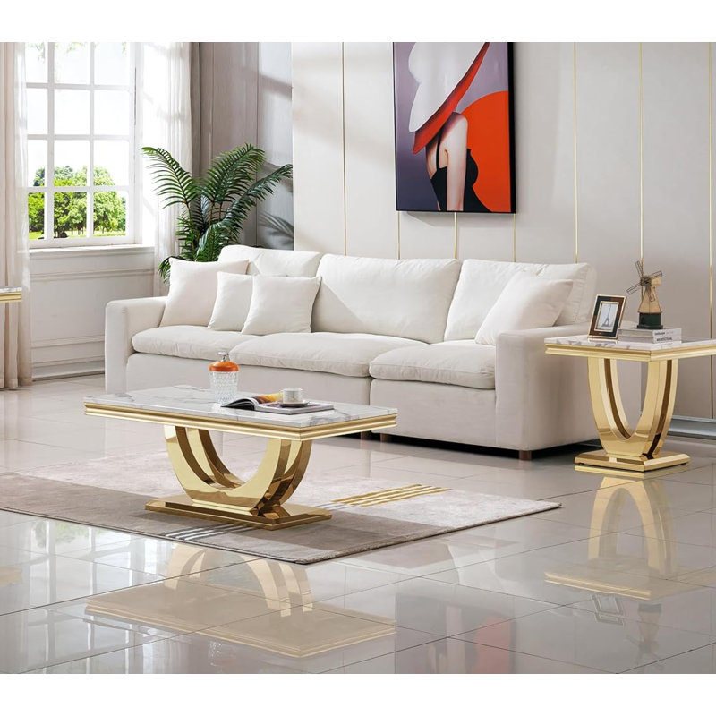 3 Pieces Coffee Table Set, White  Faux Marble Coffee Table with 2 Square End Side Tables, Modern Living Room Table Set with Double U-Shape Stainless Steel Frame for Apartment Home Office